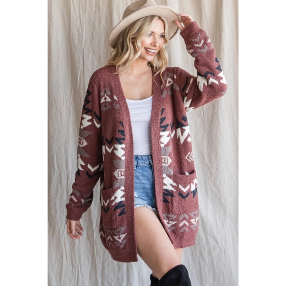 SOLD OUT Brick Fuzzy Blanket Aztec Tribal Native Western Boho Open Cardigan - Picture 7 of 7